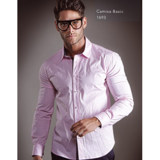 CAMISA SLIM HOMBRE,ROSA BASIC,ALGODÓN/ELASTÁN.
